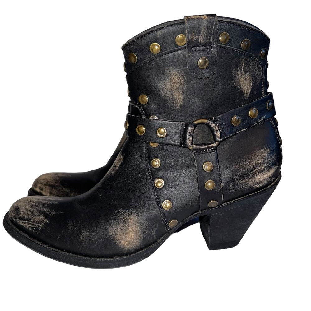 OG by Old Gringo Studded Distressed Harness Boot Bootie  Leather 3" Heel Black 8 - Picture 2 of 16